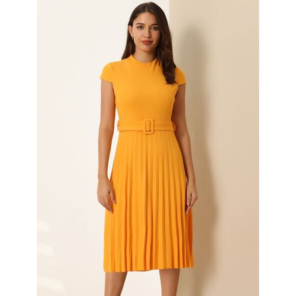 Pleated Dress Mock Neck Cap Sleeve Belted A-Line Dresses Yellow - Picture 2 of 6